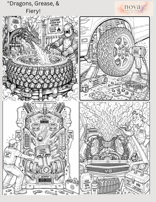 Torque & Fiery: A Gearhead's Coloring Escape